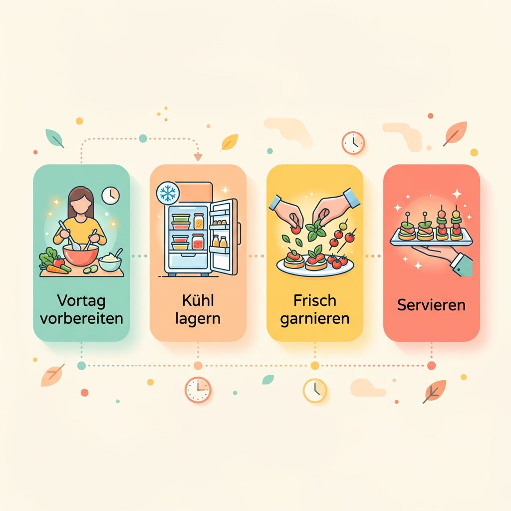 Zeitstrahl: kalte Snacks am Vortag vorbereiten, kuehl lagern, servieren