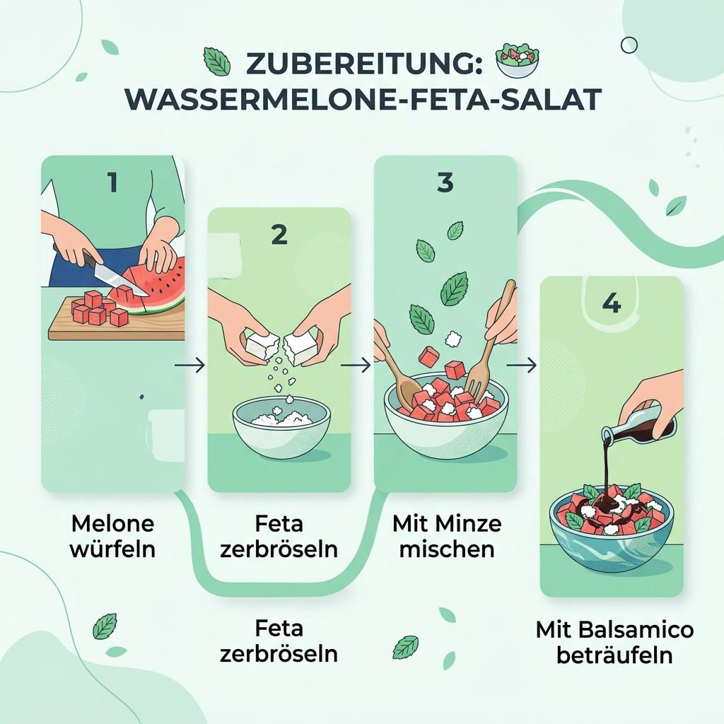 Infografik: Melone-Feta-Salat in vier Schritten zubereiten
